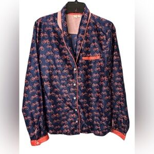 Anthropologie Eloise Satin Navy and Pink Bicycle Print Pajama Top